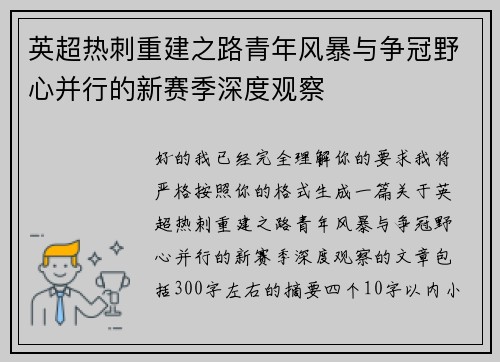 英超热刺重建之路青年风暴与争冠野心并行的新赛季深度观察 英超热刺重建之路青年风暴与争冠野心并行的新赛季深度观察