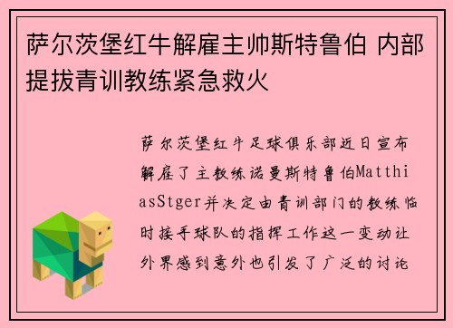 萨尔茨堡红牛解雇主帅斯特鲁伯 内部提拔青训教练紧急救火 萨尔茨堡红牛解雇主帅斯特鲁伯 内部提拔青训教练紧急救火